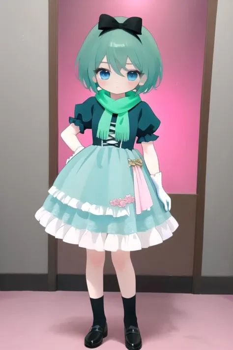 (best quality:1.2), highly detailed,Anime, Moe, illustration, (masterpiece, ultra-detailed), (beautiful detailed face, beautiful detailed eyes), 1boy,green hair, blue eyes,(full body:1.2), solo,mannenrou, scarf, puffy sleeves, gloves ,pink dress,
<lora:Nishiumi_Mannenrou:0.8>