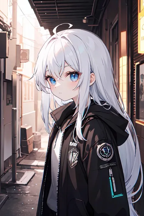 masterpiece, best quality, detailed background, cinematic lighting, cyberpunk alley, warm light, BREAK 1girl, solo, close-up, absurdly long hair, ahoge, white hair, blue eyes, expressionless, pale skin, cyberpunk jacket