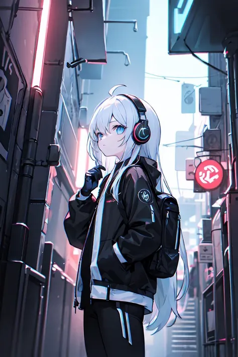 anime girl with headphones standing in a narrow alley