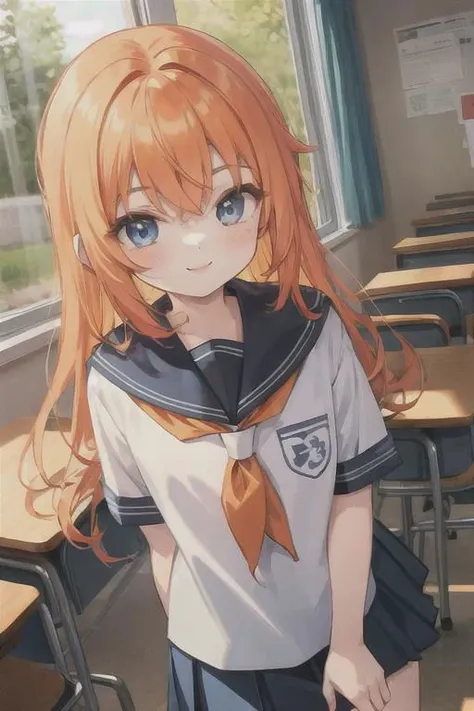 1girl, smiling, orange hair, blue eyes, school uniform