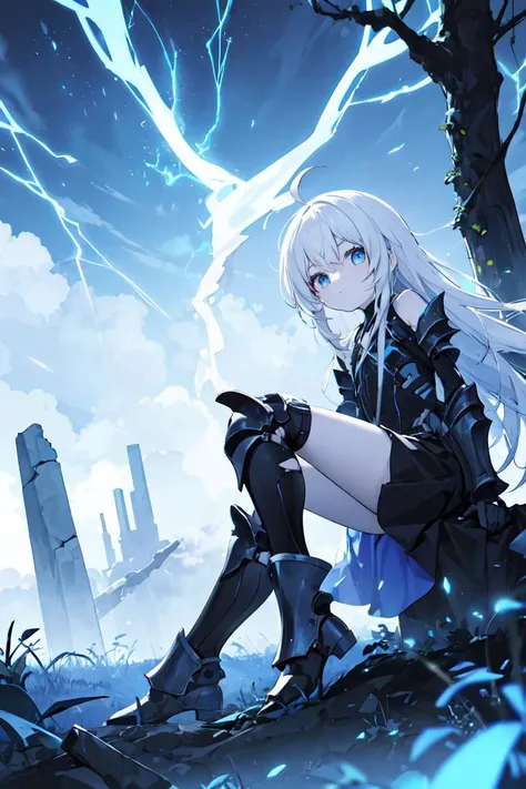 masterpiece, best quality, detailed background, cinematic lighting, nature, trees, leaves, glow, night, clouds, moon, fog, ruins, BREAK 1girl, solo, white and black  dress, looking at viewer, ahoge, absurdly long hair, white hair, blue eyes, pale skin, flat chest, expressionless, bare shoulders, cold attitude, evil, villain, futuristic, soft fabric waist extension, blue lightning, blue energy, blue aura, kneehigh armored boots, dynamic view, dynamic angle