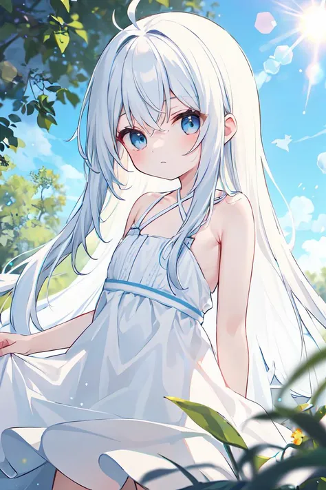 masterpiece, best quality, detailed background, cinematic lighting, nature, lens flare, bokeh, BREAK 1girl, solo, white dress, looking at viewer, ahoge, absurdly long hair, white hair, blue eyes, pale skin, flat chest, expressionless, bare shoulders
