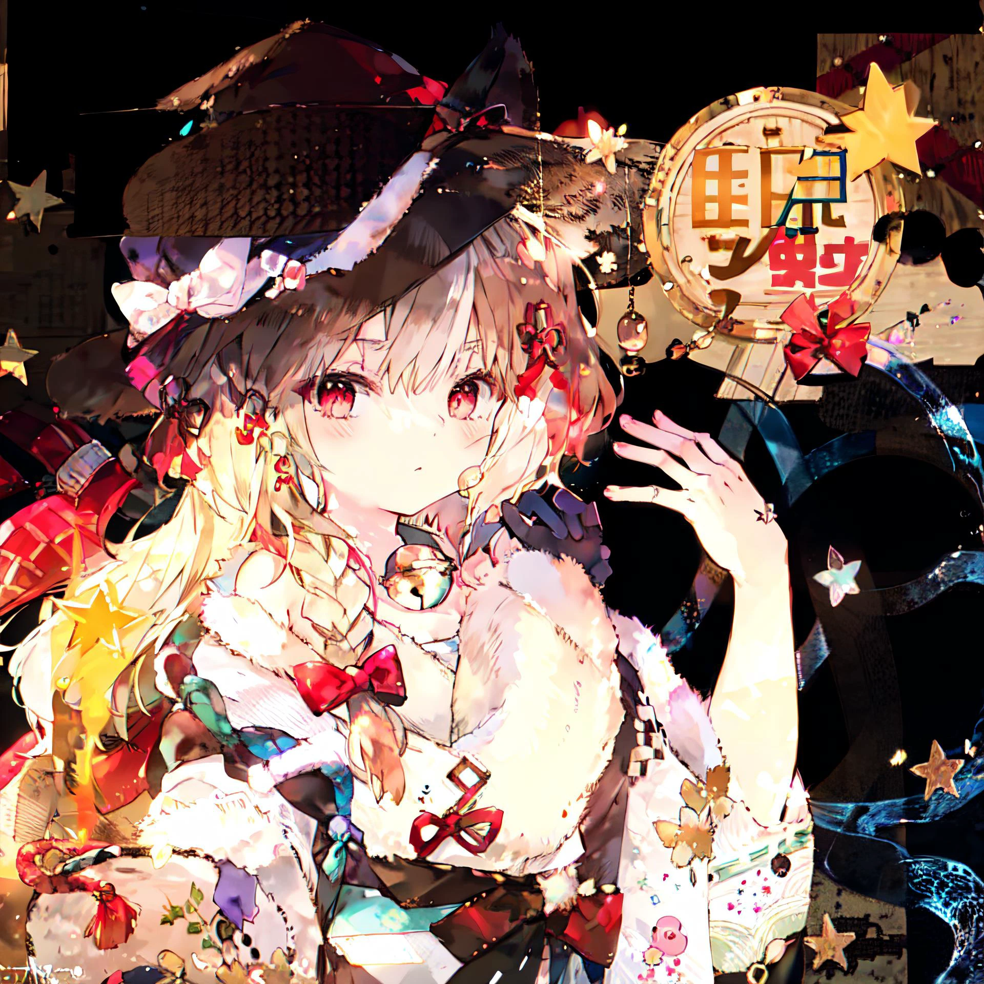 1girl, album cover, bow, braid,long shot, hair bow, long hair, ribbon, side braid, single braid, solo, star \(symbol\), star print, Dadaism background, witch hat, <lora:sekkatest:1.0>,1girl,{{{masterpiece}}},{{best quality}},{super fine},{ultra-detailed},{extremely detailed CG unity 8k wallpaper}, animal ears, stand, fox ears, animal ear fluff ,bangs , red eyes , multicolored hair , twintails , animal ear fluff ,brown hair , hair ornament ,bell , solo ,braid ,neck bell , fox girl , jingle bell ,gloves , fur trim , ribbon ,two-tone hair ,japanese clothes ,off shoulder ,bare shoulders ,collar ,bow ,long sleeves , streaked hair ,blush , black gloves , tail ,((white hair)), fox tail , kimono ,wide sleeves , red bow , red ribbon ,multiple tails , red hair , collarbone , hair ribbon , short hair , choker , socks , shorts , ribbon trim , sash , black shorts , rope , small breasts , white kimono , fur-trimmed sleeves , tabi , black footwear , black socks , gradient hair , v-shaped eyebrows , dress ,sandals , hair between eyes , obi , medium hair , grey hair , thick eyebrows , short twintails , strapless , sweat , shimenawa , outdoors , fur-trimmed kimono kitsune, earrings, japanese flag, <lora:add_detail:-1>, <lora:OninekoStyleV1:1>