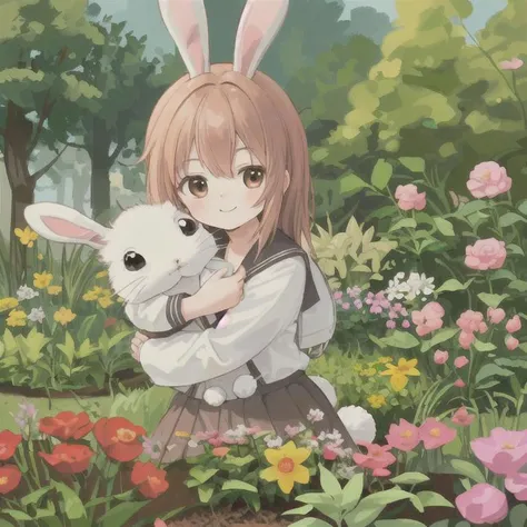 student in garden ,closeup ,photo sharp ,tiny smile hug a small rabbit