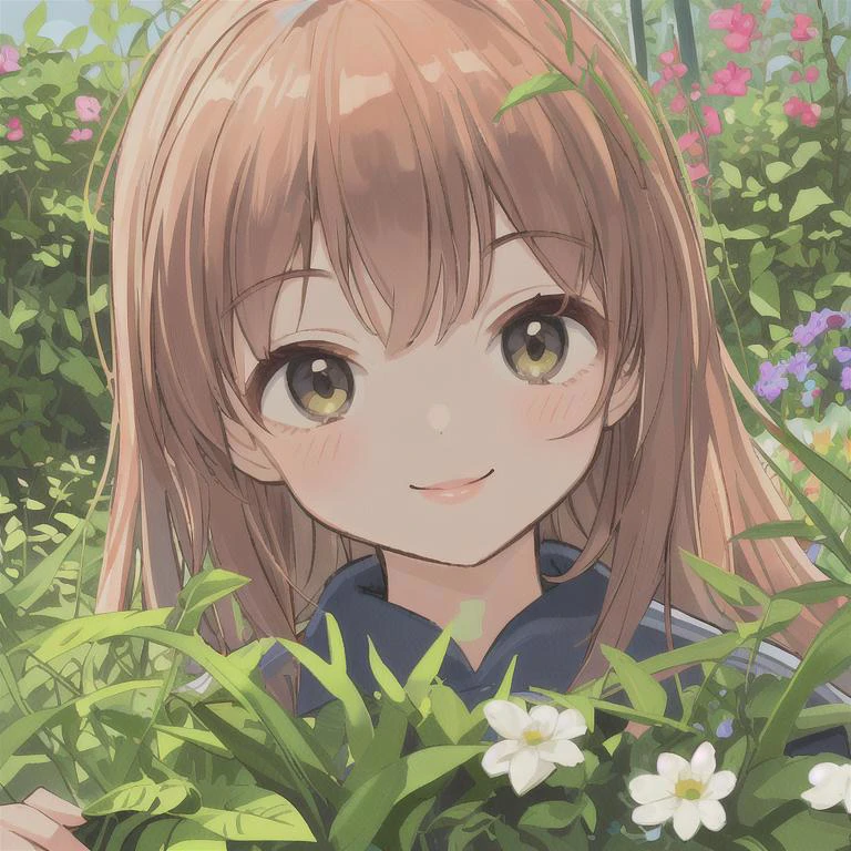 student in garden ,closeup ,photo sharp ,tiny smile 
