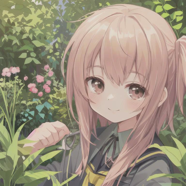 student in garden ,closeup ,photo sharp ,tiny smile