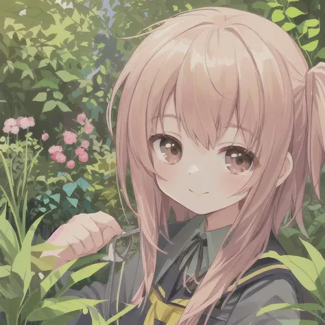 student in garden ,closeup ,photo sharp ,tiny smile