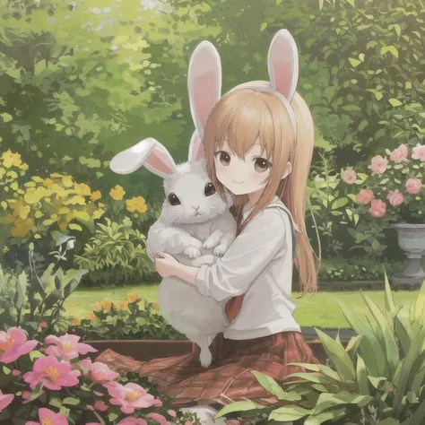 student in garden ,closeup ,photo sharp ,tiny smile hug a small rabbit