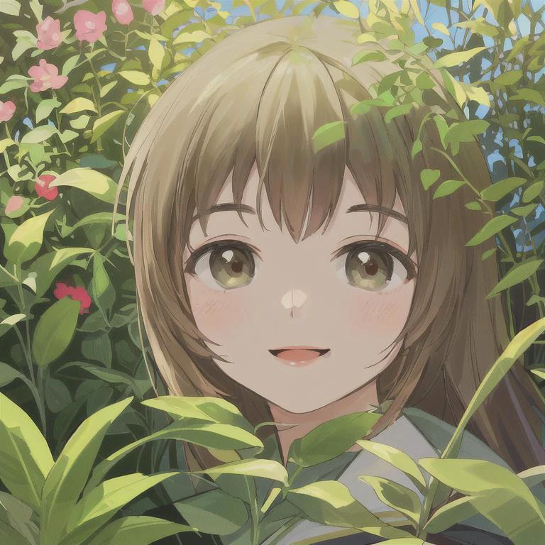 student in garden ,closeup ,photo sharp ,tiny smile 