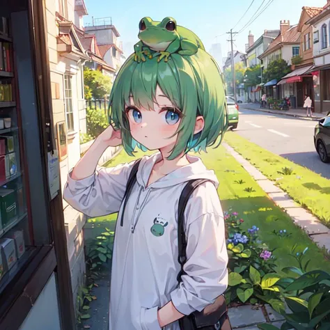 masterpiece, best quality, looking at viewer, girl whith a frog on head, outdoors, city