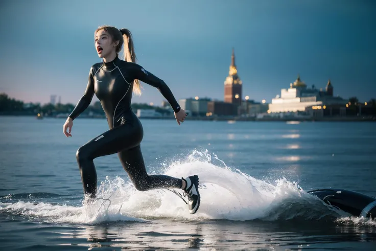 1girl, 18-year-old russian girl, female diver, wearing a black full-body wetsuit, running on the water, {{disheveled , blond ponytail hair}}, She is russian girl, slender, confidently training, a tired, very nervous look, astonishment, an open-mouthed scream, high quality, UHD, shadow, taken by Canon EOS, SIGMA Art Lens 35mm F1.4, ISO 200 Shutter Speed 2000, (photorealistic:1.4), full-body photograph, <lora:taran_v1.3:0.4>