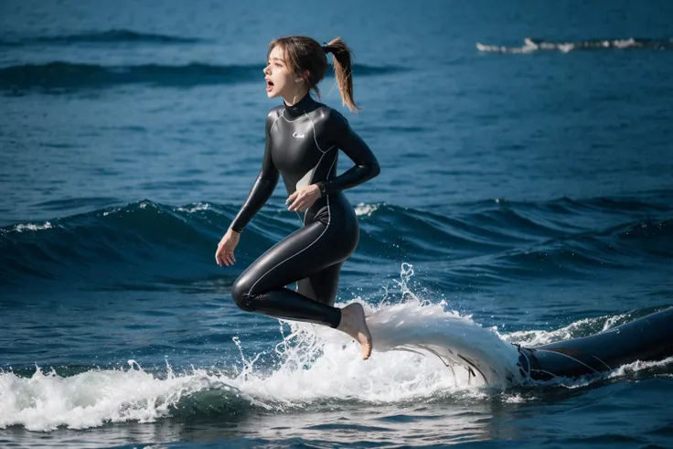 1girl, 18-year-old russian girl, female diver, wearing a black full-body wetsuit, running on the water, {{disheveled , blond ponytail hair}}, She is russian girl, slender, confidently training, a tired, very nervous look, astonishment, an open-mouthed scream, high quality, UHD, shadow, taken by Canon EOS, SIGMA Art Lens 35mm F1.4, ISO 200 Shutter Speed 2000, (photorealistic:1.4), full-body photograph, <lora:taran_v1.3:0.4>, daytime