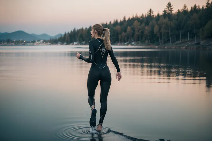 1girl, 18-year-old russian girl, female diver, wearing a black full-body wetsuit, running on the water, {{disheveled , blond ponytail hair}}, She is russian girl, slender, confidently training, a tired, very nervous look, astonishment, an open-mouthed scream, high quality, UHD, shadow, taken by Canon EOS, SIGMA Art Lens 35mm F1.4, ISO 200 Shutter Speed 2000, (photorealistic:1.4), full-body photograph, <lora:taran_v1.3:0.4>, from behind