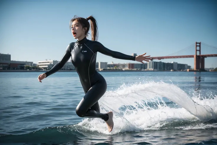 1girl, 18-year-old russian girl, female diver, wearing a black full-body wetsuit, running on the water, {{disheveled , blond ponytail hair}}, She is russian girl, slender, confidently training, a tired, very nervous look, astonishment, an open-mouthed scream, high quality, UHD, shadow, taken by Canon EOS, SIGMA Art Lens 35mm F1.4, ISO 200 Shutter Speed 2000, (photorealistic:1.4), full-body photograph, <lora:taran_v1.3:0.4>, daytime