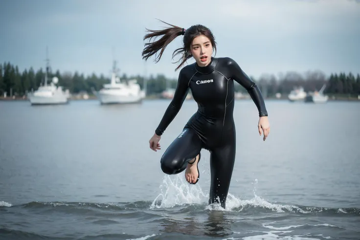 1girl, 18-year-old russian girl, female diver, wearing a black full-body wetsuit, running on the water, {{disheveled , blond ponytail hair}}, She is russian girl, slender, confidently training, a tired, very nervous look, astonishment, an open-mouthed scream, high quality, UHD, shadow, taken by Canon EOS, SIGMA Art Lens 35mm F1.4, ISO 200 Shutter Speed 2000, (photorealistic:1.4), full-body photograph, <lora:taran_v1.3:0.4>, daytime
