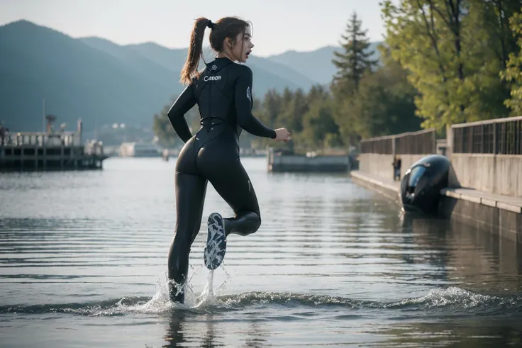 1girl, 18-year-old russian girl, female diver, wearing a black full-body wetsuit, running on the water, {{disheveled , blond ponytail hair}}, She is russian girl, slender, confidently training, a tired, very nervous look, astonishment, an open-mouthed scream, high quality, UHD, shadow, taken by Canon EOS, SIGMA Art Lens 35mm F1.4, ISO 200 Shutter Speed 2000, (photorealistic:1.4), full-body photograph, <lora:taran_v1.3:0.4>, from behind