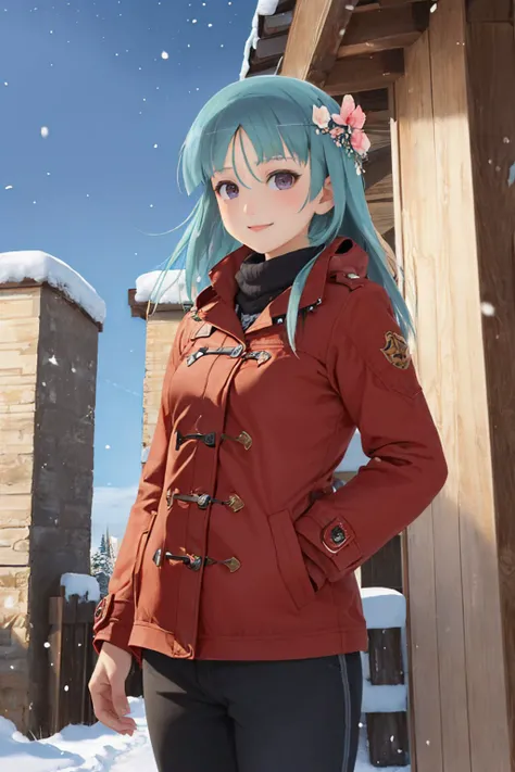(masterpiece, best quality:1.2), cowboy shot, solo, 1girl, bashou, smile, looking at viewer, hair flower, winter clothes, coat, pants, snowing <lora:senrankagura_bashou:1.0>