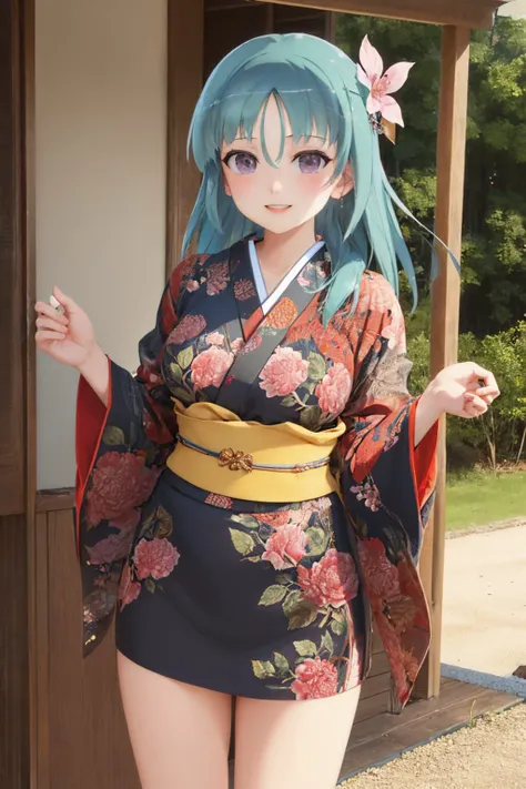 (masterpiece, best quality:1.2), cowboy shot, solo, 1girl, bashou, smile, looking at viewer, japanese clothes, kimono, hair flower <lora:senrankagura_bashou:1.0>