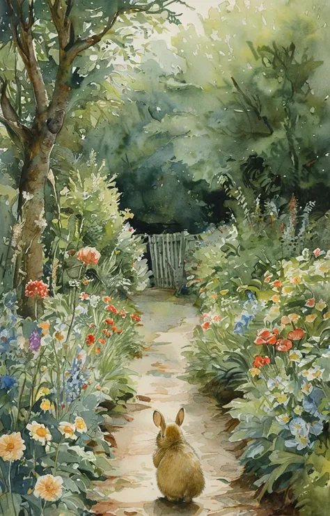 masterpiece,best quality,<lora:tbh134-sdxl:0.85>,garden,outdoor,illustration,watercolor,Beatrix Potter,
