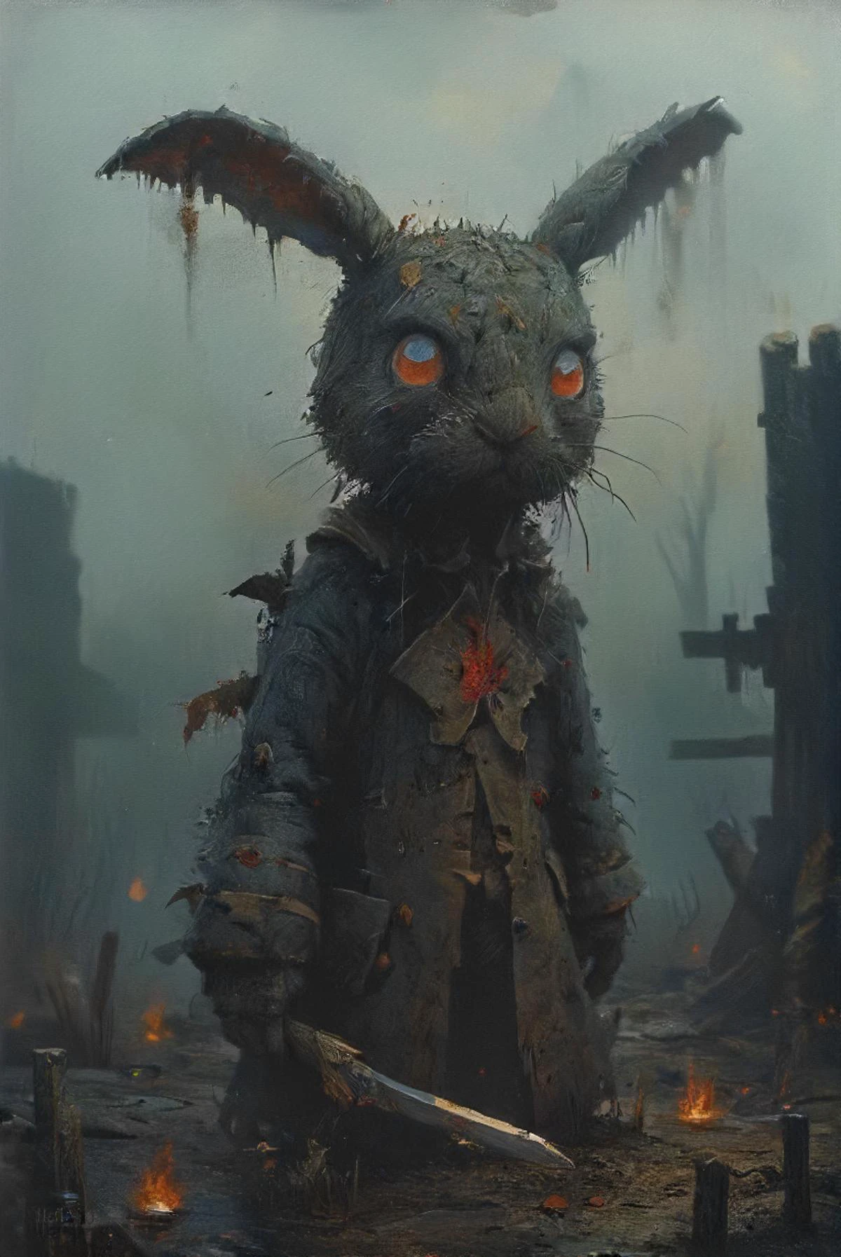 watership voxel hares down, novel by richard adams, disturbing movie, eerie, foreboding, wild, feral, bloody, fight, failed society, <lora:ral-vxl:0.7> <lora:tbh134-sdxl:0.4> <lora:The_Dark_Side_of_the_Earth:0.7> <lora:Childrens_book_illustration:0.4> <lora:Devil_animals_XL:0.8>
