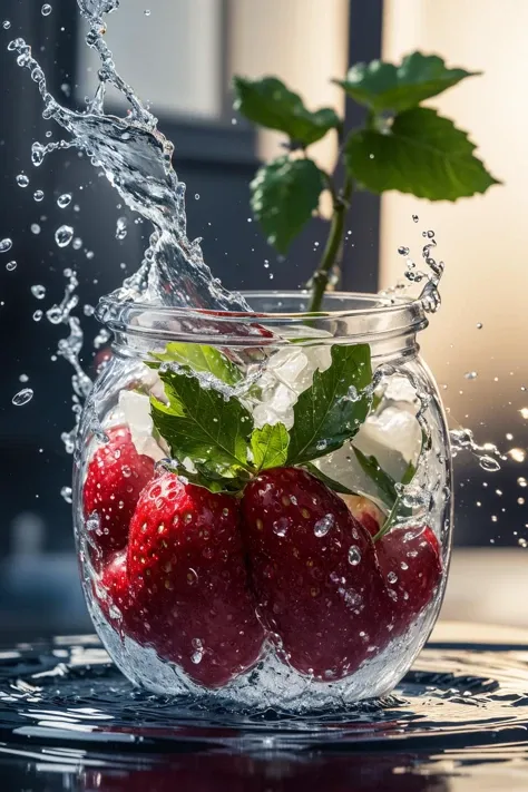 ((masterpiece)), (best quality), official art, extremely detailed CG, unity 8k wallpaper, vivid color, perfect lighting, best illumination, sharp focus, (splash water:1.3), air bubble, water drop, splashing, 
fruit, in jar, 
<lora:20240113-1705136141854:0.55>,