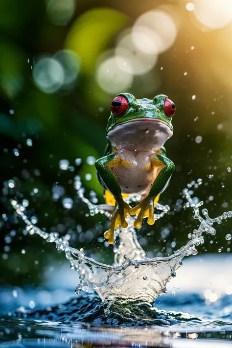 (8k, RAW photo, uhd, best quality, masterpiece:1.2), (realistic, photo-realistic:1.37), ultra-detailed, (high detailed skin:1.2), tree frog, (dynamic movement:1.4), commercial photography, dappled sunlight, (cinematic look:1.2), light spread, ((splash water)), flashing particles , sharp focus, depth of field, vivid colors, simple background <lora:splash water_v1.0:1> <lora:add_detail:0.5>