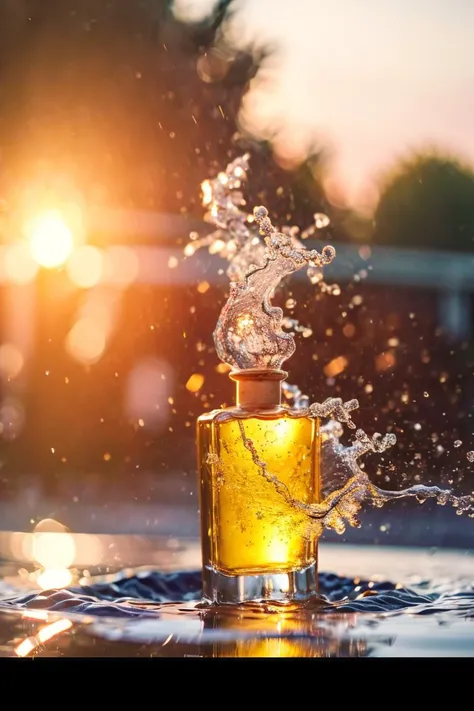 (8k, RAW photo, uhd, best quality, masterpiece:1.2), (realistic, photo-realistic:1.37), ultra-detailed, (high detailed skin:1.2), blue glass perfume bottle, commercial photography, dappled sunlight, (cinematic look:1.4), light spread, splash water, flashing particles , sharp focus, depth of field, vivid colors, clean background <lora:splash water_v1.0:1> <lora:add_detail:0.6>