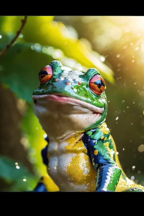 (8k, RAW photo, uhd, best quality, masterpiece:1.2), (realistic, photo-realistic:1.37), ultra-detailed, (high detailed skin:1.2), tree frog, commercial photography, dappled sunlight, (cinematic look:1.4), light spread, splash water, flashing particles , sharp focus, depth of field, vivid colors, simple background <lora:splash water_v1.0:1> <lora:add_detail:0.5>