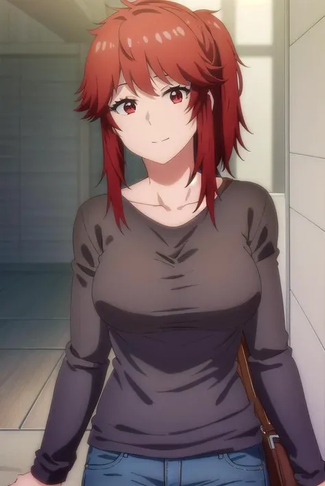 akemiaizawa, <lora:akemi aizawa s1-lora-nochekaiser:1>,
akemi aizawa, (red eyes:1.3), red hair, medium hair, ponytail, smile,
BREAK shirt, long sleeves, collarbone, black shirt, pants, denim,
BREAK indoors,
BREAK looking at viewer, (cowboy shot:1.5),
BREAK <lyco:GoodHands-beta2:1>, (masterpiece:1.2), best quality, high resolution, unity 8k wallpaper, (illustration:0.8), (beautiful detailed eyes:1.6), extremely detailed face, perfect lighting, extremely detailed CG, (perfect hands, perfect anatomy),