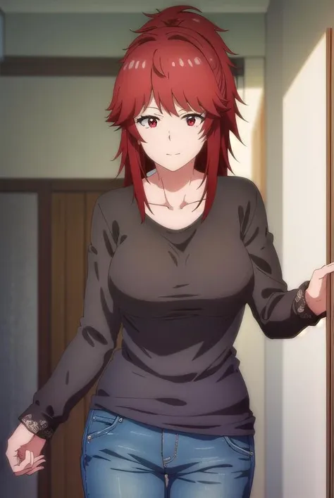 akemiaizawa, <lora:akemi aizawa s1-lora-nochekaiser:1>,
akemi aizawa, (red eyes:1.3), red hair, medium hair, ponytail, smile,
BREAK shirt, long sleeves, collarbone, black shirt, pants, denim,
BREAK indoors,
BREAK looking at viewer, (cowboy shot:1.5),
BREAK <lyco:GoodHands-beta2:1>, (masterpiece:1.2), best quality, high resolution, unity 8k wallpaper, (illustration:0.8), (beautiful detailed eyes:1.6), extremely detailed face, perfect lighting, extremely detailed CG, (perfect hands, perfect anatomy),