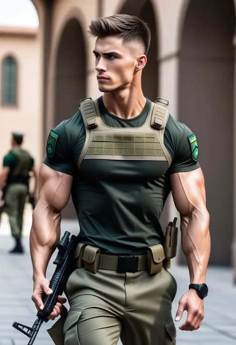 Ultra-detail, (highres:1.1), best quality, (masterpiece:1.3), handsome 23yo male model posing as special forces officer, skinny muscled, perfect biceps, great pecs, thin waist, perfect jawline, modern haircut, dynamic posture posing, full body from side looking forward, wearing military outfit and rifle, walking