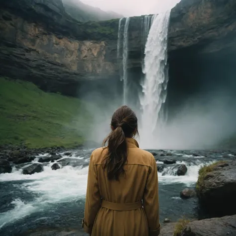 breathtaking 135mm IMAX cinematic shot, award winning shot, Beneath a towering cliff,a woman stands with a cascading waterfall behind her. The weather is overcast,casting the scene in a palette of cool,subdued colors. The water's roar contrasts with the gentle,soft composition of the scene,creating a sense of harmony between nature's power and tranquility. The woman's presence adds a contemplative,serene quality to the landscape,as she gazes into the distance under the cloudy sky., muted palette, meticulously crafted scene, no-humans, (analog:1.3), specular lighting, (wide shot:1.2), F/5, (cinematic still:1.2), 35mm photograph, film, professional, sharp focus, F/5, 35mm photograph, film, professional, photographic, editorial photograph, hyperdetailed photography, natural lighting, film grain, photography, (photorealistic:1.4), dslr, f2, 16mm, 50mm, 35mm, Kodak UltraMax 400, Fujifilm Superia Premium 400, Nikon D850 film stock photograph, Kodak Portra 400 f1.6 lens, 1/80s, f/2.8, ISO 100, Dramatic, Atmospheric, 8k, UHD, color graded portra 400 film, analog raw photo, amateur photo, film stock photograph, photorealism, amazing fine detail, absurdres, lifelike