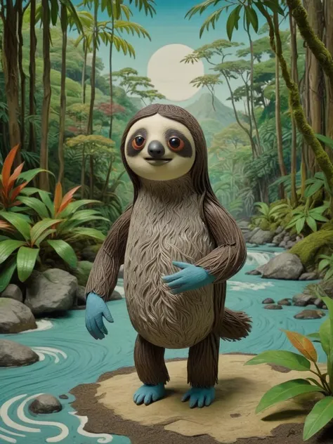 âThe sloth is walking in a jungle and wonderingâ multi-color woodblock print, Japanese moku hanga style. Ukiyo-e. Exceptionally detailed unusual realistic, style of Andy Farkas, Mio Asahi, Koji Ikuta, Oleg Denisenko. very attractive. high definition . very beautiful color <lora:CLAYMATE_V2.03_:0.95> claymation, clay, puppet