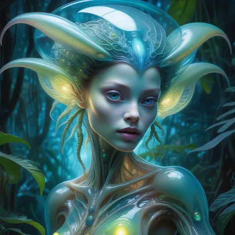 best quality,4k,8k,highres,masterpiece:1.2,ultra-detailed,realistic:1.37,HDR,UHD,studio lighting,ultra-fine painting,sharp focus,physically-based rendering,extreme detail description,professional,art nouveau,tarot card style, 2characters, dynamic angle, female alien,(creatures from outer space), cyborg style, futuristic alien,((A humanoid female alien is emerging crawling out from inside a cocoon:1.5)), on the ground, ((her lower body is still inside the cocoon:1.5)), evolution, (the alien body fluids nurture the surroundings), fractalized, futuristic alien, (wearing a glass exoskeleton),biological exoskeleton,alien flora,(surreal science fiction background with bioluminescent fungi),vivid colors,beige and olive hues,trending on cgsociety,landscape,(horror),Yoshitaka Amano style,sci-fi,concept artists,bright and vibrant colors,dreamy lighting