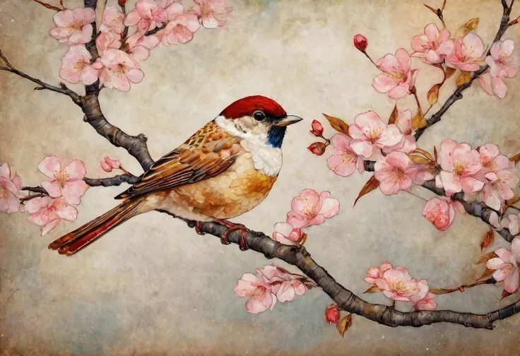 In iridescent silk texture,
a little bird with red and golden brown feathers on a cherry blossom branch,
in watercolor and ink in imperial colors with gold leaf details,
4K,
Art Deco by Enki Bilai,
Annigoni,
Egon Schiele,
Milo Manara,
Botticelli,
Catrin Welz-Stein,
Jean Metzinger,
Klimt,
highly detailed,
splash,
broken glass effect,
bottomless,
impressive,
something that does not even exist,
mythical being,
energy,
molecular,
textures,
iridescent and luminescent flakes,
beauty impressive,
pure perfection,
divine presence,
unforgettable,
impressive,
impressive beauty,
volumetric light,
auras,
rays,
vivid reflected colors