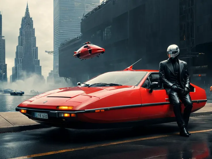 (master's driver:1.5), black suit, leather cap, next to a red hovering car, <lora:Hovering_Car_SDXL_v1:1>Hovering_Car, (1985s sedan automobile) retro cyberpunk style, clean lines,( sharp edges:1.5), streamline, (futuristic concept car:1.2), detailed, vintage style, hyper realistic, 16k, cinematic lighting, wide shot, f/3.6, (gotham city background:1.3), gloomy, haze, perfect composition, beautiful detailed intricate insanely detailed octane render trending on artstation, 8 k artistic photography, photorealistic concept art, soft natural volumetric cinematic perfect light, chiaroscuro, award - winning photograph, masterpiece, oil on canvas, raphael, caravaggio, greg rutkowski, beeple, beksinski, giger,   <lora:xl_more_art-full_v1:1>