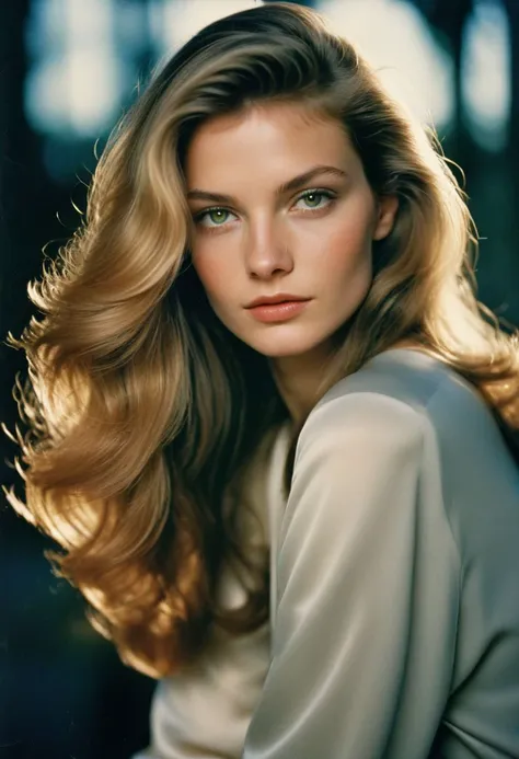 1980 s advertising photo in Vogue magazine, three quarters, woman with long dark blonde hair, Canon AE-1, Kodak Ektachrome, 50 mm lens, a mix of hard lighting for dramatic shadows and soft lighting for a glamorous look, a combination of direct light sources and diffusers. adding depth and drama to the image, dynamic pose, direct engagement with the camera. wide aperture for sharpness and bokeh