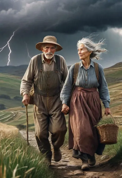 Masterpiece, closeup, hd, 8K, Fantasy art, award winning drawing of a old male farmer and a old female farmer in a windy landscape helping each other walking, rugged clothes romantic, storm in background, back view, intricate details, Fantastical realism, fandist