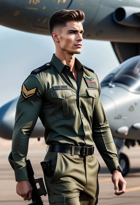 Ultra-detail, (highres:1.1), best quality, (masterpiece:1.3), handsome 23yo male model posing as aviation officer, skinny muscled, perfect biceps, great pecs, thin waist, perfect jawline, modern haircut, dynamic posture posing, full body from side looking forward, wearing military outfit and rifle, walking