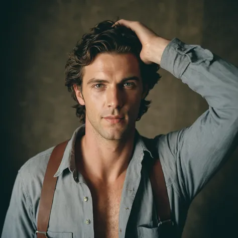 photoshoot, photo studio, RAW photo, editorial photograph, film stock photograph, cinematic, amateur photo of a man, analog, raw, f2, 35mm, an (amateur photo) of a 28 year old candid photo of a man dressed as a farmer wearing dirty clothes, upper body, under low key lighting, from above, shot on a Agfa Vista, flash photography, taken on an old camera, polaroid. 8k, highly detailed, detailed skin texture, natural skin texture, perfect eyes, perfect iris, high detail eyes, detailed iris, detailed cloth texture, perfect eyes, detailed eyes, (high quality, best quality:1.3), Extremely high-resolution, film grain, dslr, Kodak Portra 400 camera f1.6 lens, 35mm, Fujifilm Superia Premium 400, Nikon D850, 8k, UHD
