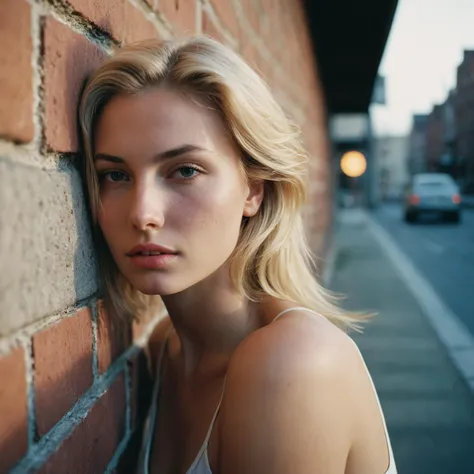 Street photography , analog raw candid photo of a beautiful young woman leaning on a brick wall, closed mouth, realistic skin texture, blond hair, slim, erotic, relaxed, haze lighting, spring, (analog:1.3), specular lighting, (wide shot:1.2), F/5, (cinematic still:1.2), 35mm photograph, film, professional, (skin texture visible:1.5), natural breasts, realistic skin, skin pores, skin moles, skin imperfections, visible skin detail, skin fuzz, dry skin, (detailed eyes), (detailed facial features), detailed skin texture, sharp focus, F/5, 35mm photograph, film, professional, photographic, editorial photograph, hyperdetailed photography, soft light, Direct light, natural lighting, film grain, photography, (photorealistic:1.4), dslr, f2, 16mm, 50mm, 35mm, Kodak UltraMax 400, Fujifilm Superia Premium 400, Nikon D850 film stock photograph, Kodak Portra 400 f1.6 lens, Dramatic, Atmospheric, 8k, UHD, color graded portra 400 film, analog raw photo, amateur photo, film stock photograph, photorealism, amazing fine detail, absurdres, lifelike