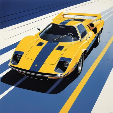 lithograph of 1970s sport car, bold lines, vintage style, concept art, sketch, dynamic, speed  background elements, elegant, masterpiece, masterpiece, abstract, yellow, navy blue,
<lora:add-detail-xl:0.85> . printmaking, smooth, detailed, bold, graphic
 lineart, <lora:F2D:0.25> (flat color:1.3), Vector art, clean lines, minimalist <lora:Brutalism:0.15> brutalism, (style by Syd Mead and Ralph McQuarrie:0.85)