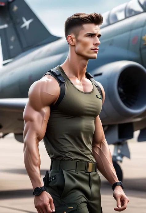 Ultra-detail, (highres:1.1), best quality, (masterpiece:1.3), handsome 23yo male model posing as aviation officer, skinny muscled, perfect biceps, great pecs, thin waist, V-shaped body, perfect jawline, modern haircut, dynamic posture posing, full body from side looking forward, wearing military outfit, walking