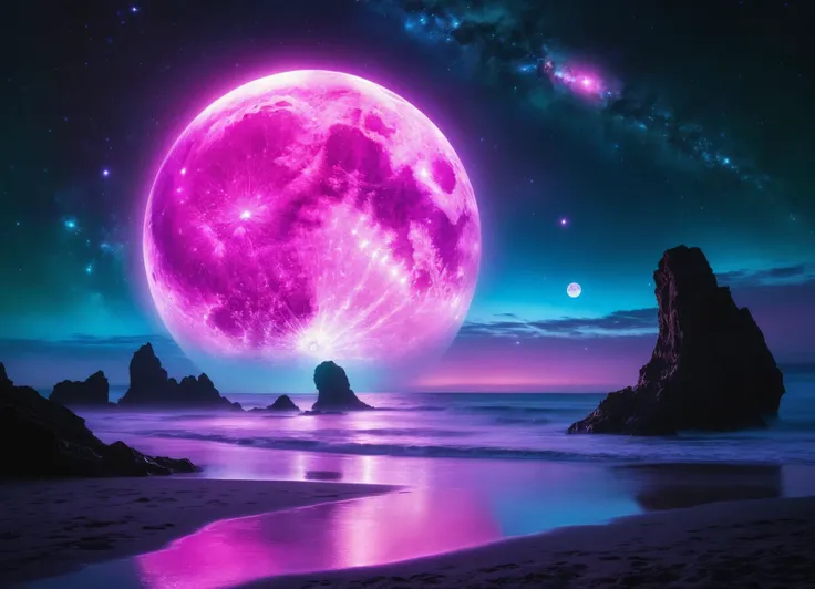 A Magenta and pink moon with purple and sparkling light blue orbs reflecting it's light on an ocean at a starry night with some little clouds. resplendently shining astral space, its from the cosmos with a luminous neon radiance: a sprawling and sparkling orbs of vivid electric light blues, cranked with emerald greens and vibrant pinks and purple glowing ethereally against the dark expanse of space. This concept art, presented as a digital painting, captures the essence of a lovley and opulent space scene showcasing intricate details and exquisite craftsmanship. The mesmerizing glimmering lights, expertly rendered, create a sense of awe and wonder, inviting viewers to immerse themselves in the enchanting beauty of this otherworldly creation.macro photography, haute couture, hyper-realistic, high quality, hyper-detailed, professional photo, beautiful, transparency photo, professional movie, professional picture, ultra detailed, ultra realistic, cinematic, sharp focus, bright light, high detailed, intricate, absurdres, masterpiece. RAW photo, editorial photograph, film stock photograph, photography, Fujifilm Superia Premium 400, Nikon D850 film stock photograph Kodak Portra 400 camera f1.6 lens, 8k, UHD