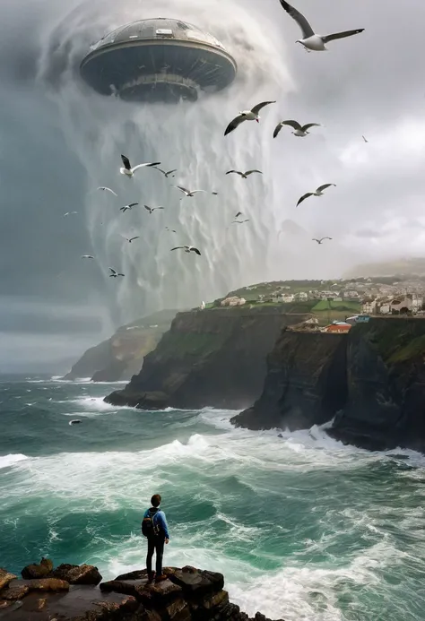 A photo capturing a 18 year old man in awe over the depths of the cliffs he stands above, [seagulls] fly below him across a stormy sea, a massive alien transparent dome emerges from the surface of the sea, Cinematic Shot