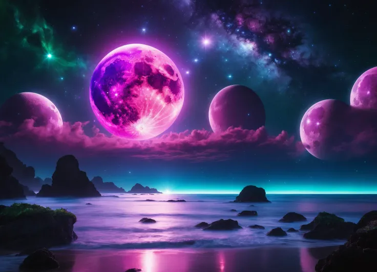A Magenta and pink moon with purple and sparkling light blue orbs reflecting it's light on an ocean at a starry night with some little clouds. resplendently shining astral space, its from the cosmos with a luminous neon radiance: a sprawling and sparkling orbs of vivid electric light blues, cranked with emerald greens and vibrant pinks and purple glowing ethereally against the dark expanse of space. This concept art, presented as a digital painting, captures the essence of a lovley and opulent space scene showcasing intricate details and exquisite craftsmanship. The mesmerizing glimmering lights, expertly rendered, create a sense of awe and wonder, inviting viewers to immerse themselves in the enchanting beauty of this otherworldly creation.macro photography, haute couture, hyper-realistic, high quality, hyper-detailed, professional photo, beautiful, transparency photo, professional movie, professional picture, ultra detailed, ultra realistic, cinematic, sharp focus, bright light, high detailed, intricate, absurdres, masterpiece. RAW photo, editorial photograph, film stock photograph, photography, Fujifilm Superia Premium 400, Nikon D850 film stock photograph Kodak Portra 400 camera f1.6 lens, 8k, UHD
