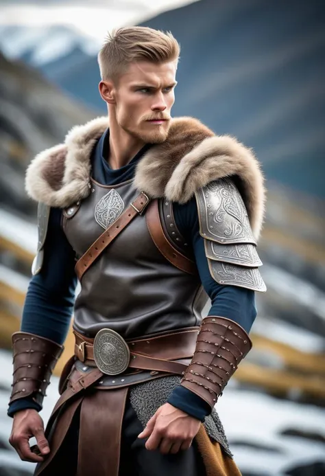 Scaleborn, a Viking warrior prince wearing fur and leather armor rags rising above a battlefield, scales, handsome 23yo Norway male model, full-body from side, dynamic posture posing, dramatic angle. 
skinny muscled, perfect biceps, great pecs, thin waist, perfect jawline, strong and powerful, sporty, great detail, satisfaction,