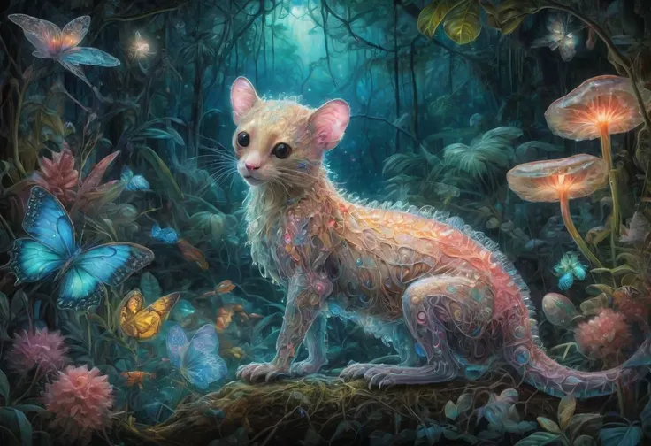 translucent and bioluminescent animal, 
xray art, 
background exotic jungle, 
illustration, 
extreme detail, 
digital art, 
4k, 
ultra hd, 
oil painting, 
impressionist, 
pastel colors, 
illustration, 
beautiful, 
cinematic lighting, 
highly detailed, 
mark ryden, 
hyper-realistic, 
hyper-detailed, 
airbrush art, 
by Josephine Wall, 
ultra hd, 
realistic, 
vivid colors, 
highly detailed, 
UHD drawing, 
pen and ink, 
perfect composition, 
beautiful detailed intricate insanely detailed octane render trending on artstation, 
8k artistic photography, 
photorealistic concept art, 
soft natural volumetric cinematic perfect light