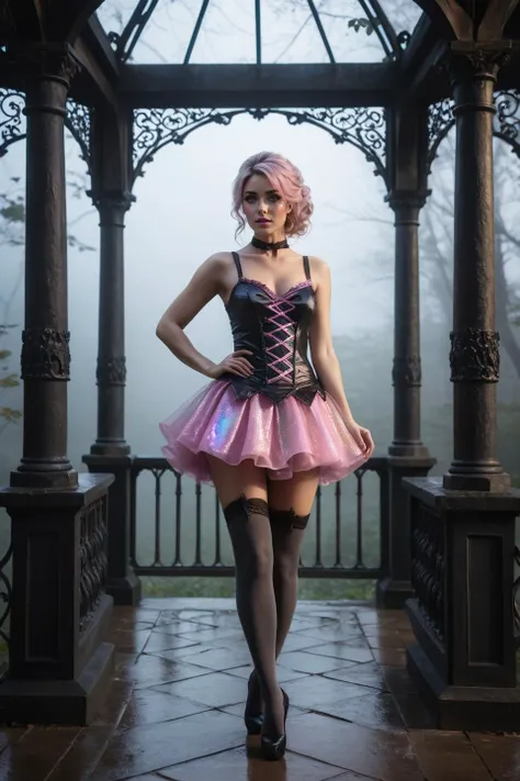 Whimsical and Playful, (solo, full body photo:1.3), (action packed:1.3) (body bridge:1.3), (haze, fog, mist:1.3), chiaroscuro, <lora:DDR_Fashion:0.3>, AnalogRedmAF <lora:AnalogRedmondV2-Analog-AnalogRedmAF:0.1> (masterpiece, best quality, highres, absurdres, detailed, photorealistic, realism:1.2), 1woman, (iridescent, holographic top and skirt, thighhigh, armwarmer, facepaint:1.3),(freckles, pink lipstick, blush, eyeliner, hair over crumbling, gothic-style gazebo, back view, during Twilight,Cinematic lighting, ((masterpiece)), (best quality), (highres), original, extremely detailed 8K, (photorealistic:1.3),flawless face, perfect eyes,symmetrica body shape,(full body),(smile:0.1), <lora:add-detail-xl:1> <lora:DetailedEyes_V3:1>, perfect eyes <lora:perfect-eyes:0.3>, imaginative, fantastical, bight colors, stylized, happy, Whimsical and Playful