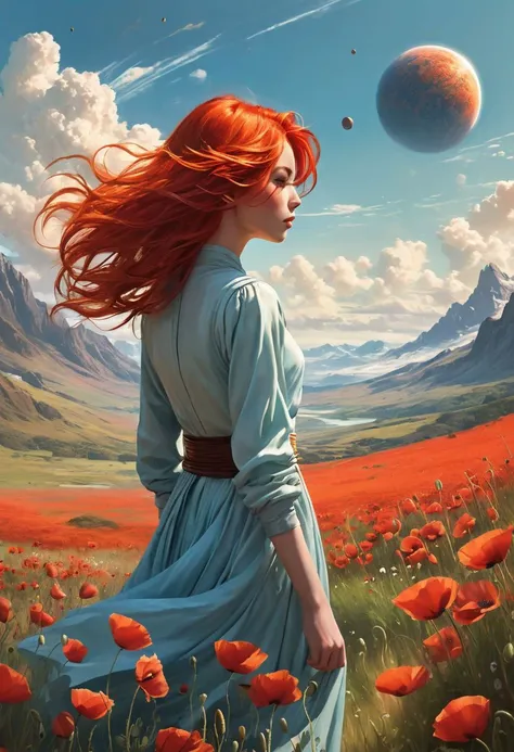 A mesmerizing, anime-inspired illustration captures a woman with fiery red hair, standing tall amidst a serene landscape. Her back is turned towards the viewer, adding an enigmatic touch. Her hair billows dramatically, creating a captivating, dynamic effect as it whips in the breeze. Surrounding her are vibrant red poppies, gracefully swaying in sync with the wind.
In the distance, an intriguing exoplanet beckons, its pale blue atmosphere and swirling clouds drawing the eye. A vibrant, light blue sun casts a warm, golden glow on the scene, highlighting the exquisite details. The composition masterfully combines realistic and anime elements, while incorporating a touch of science fiction. This visually stunning image invites viewers to explore the mysterious world, evoking a sense of wonder and awe.